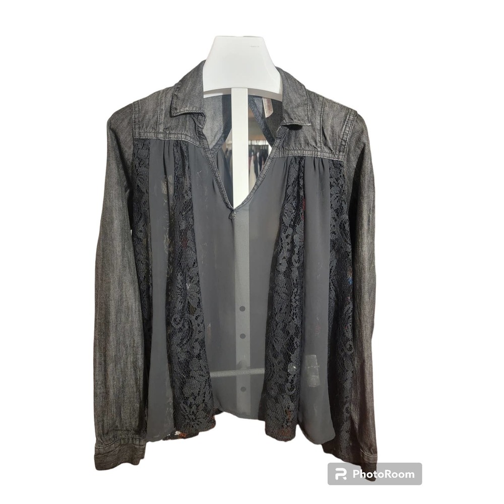 Free People Black Denim Lace Long sleeve top